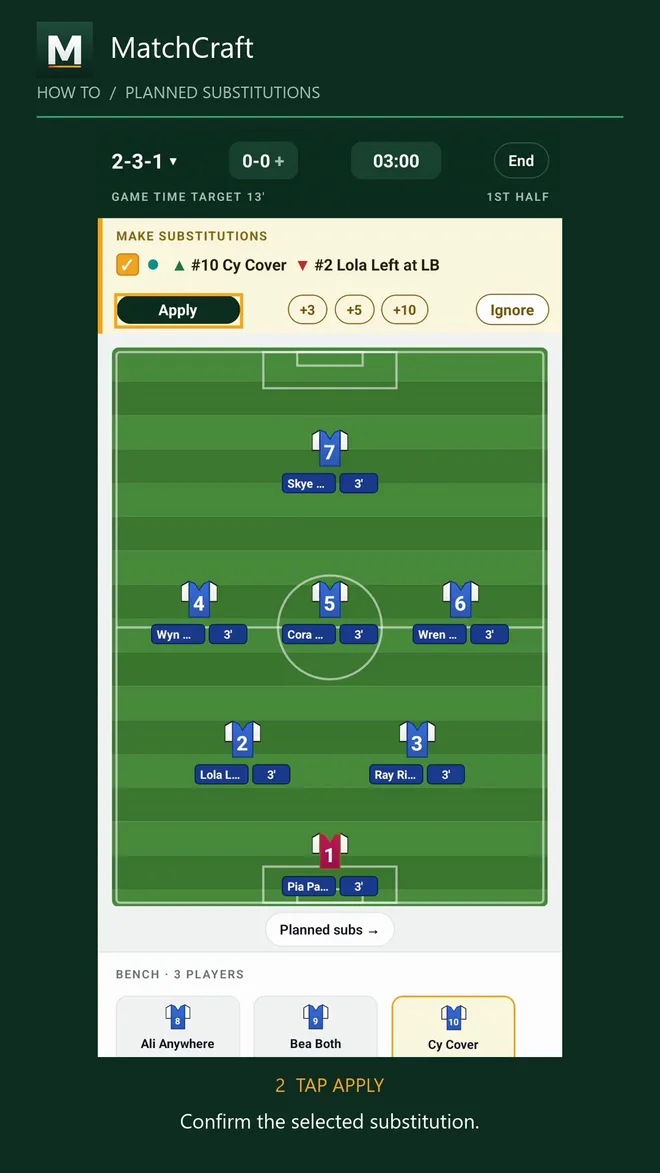 Real MatchCraft demonstration showing a planned substitution and the blue-shirted lineup
